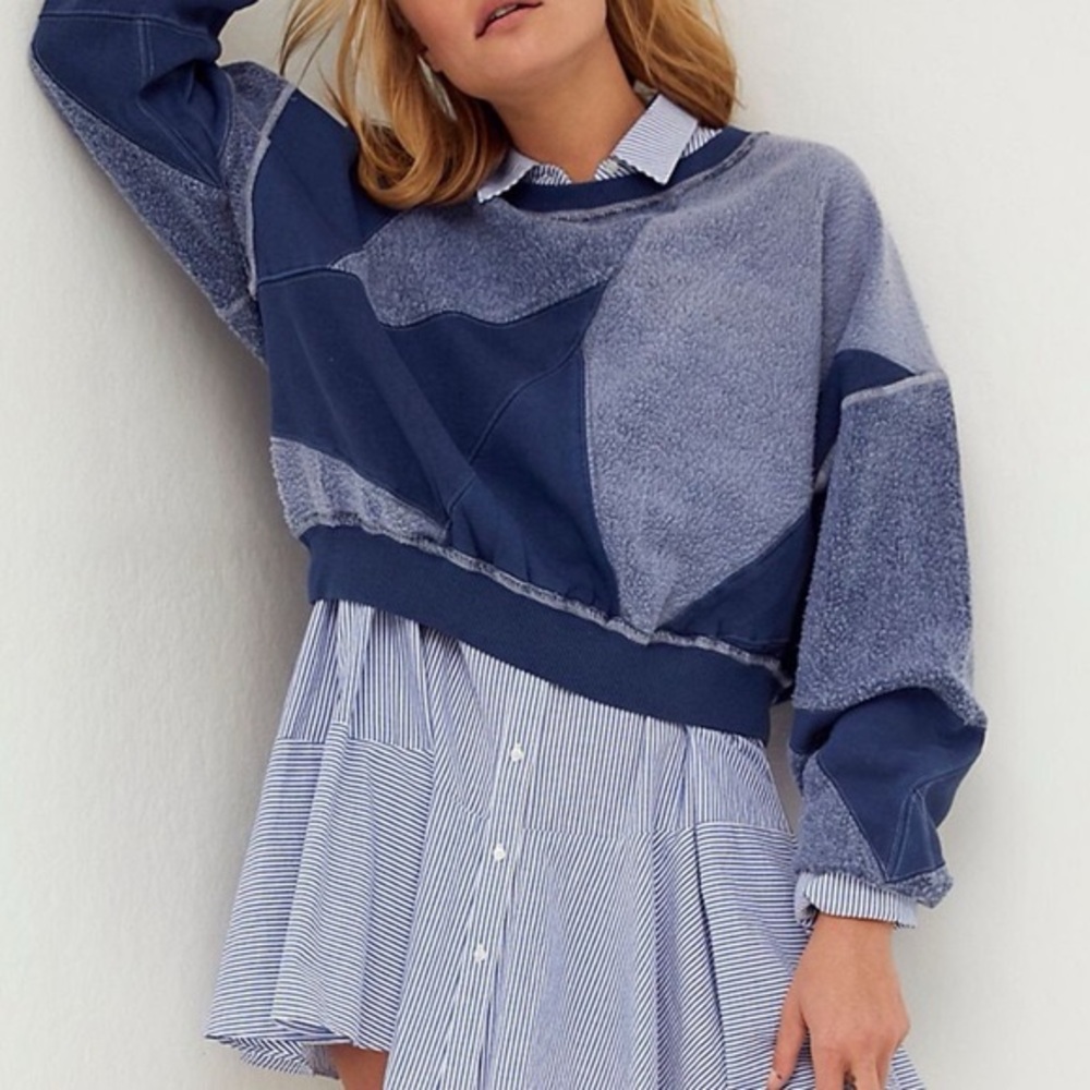 Free People We The Free Touch of Blue Grey Cropped Patchwork Sweatshirt - Sz XS